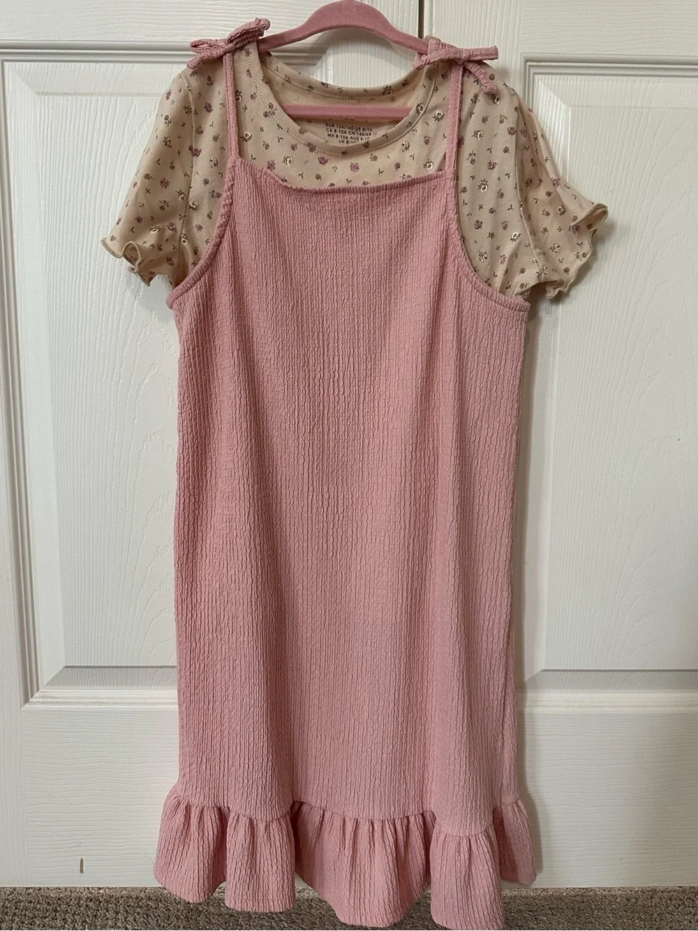 H&M - Girls' Pink Ruffle-Hem Pinafore Dress with Floral Tee